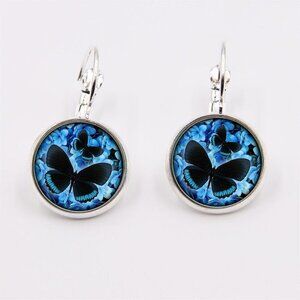 Blue Black Butterflies Glass Cabochon Silver Plated Handmade Leverback Earrings